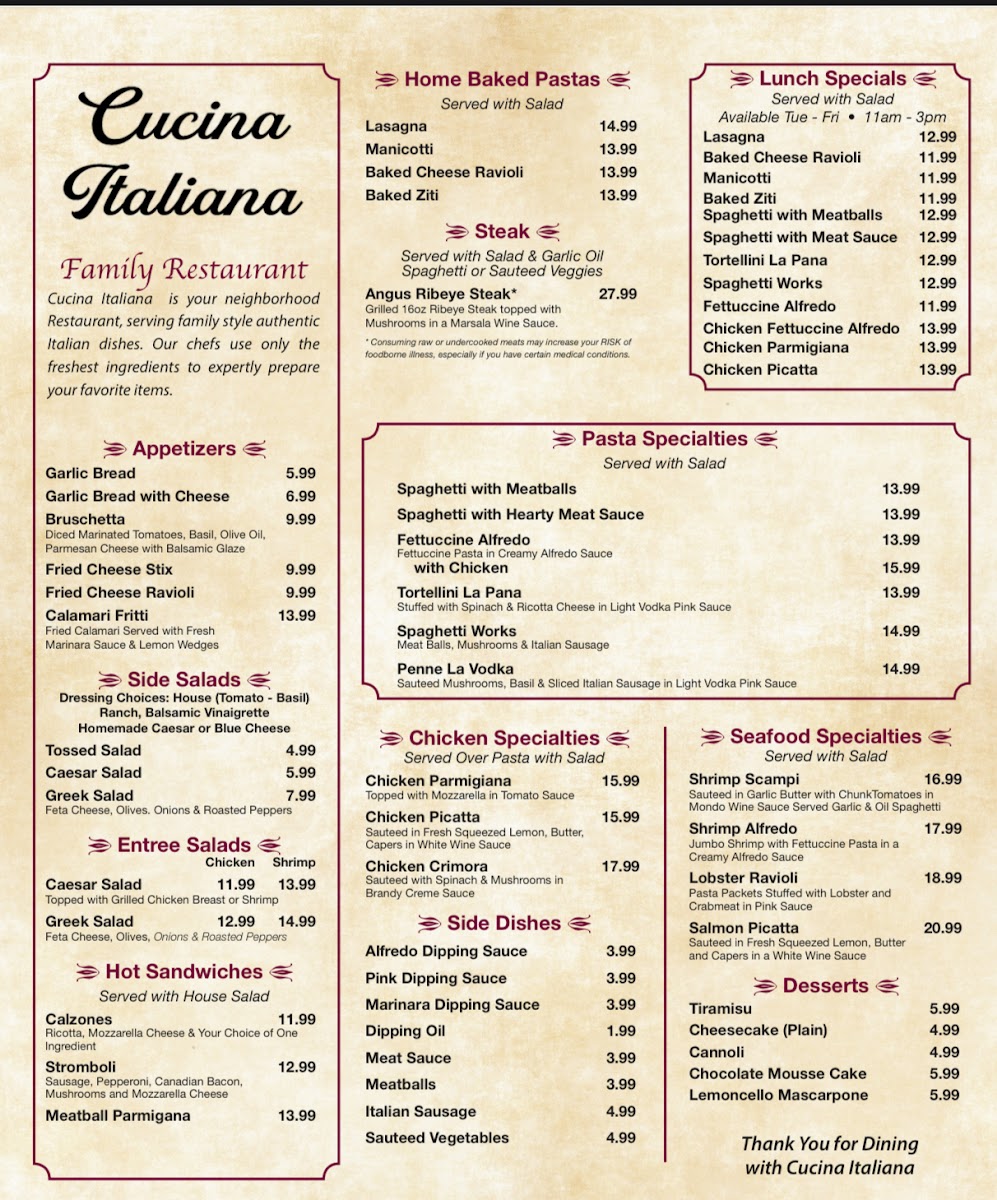 Cucina Italiana Al Lago menu board