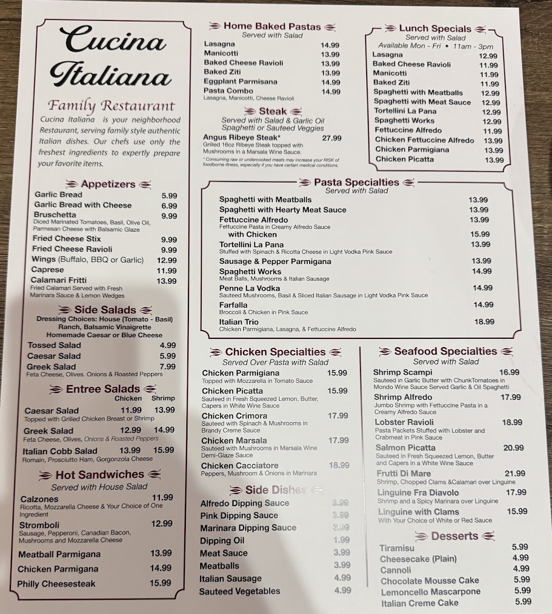 Cucina Italiana Al Lago menu board