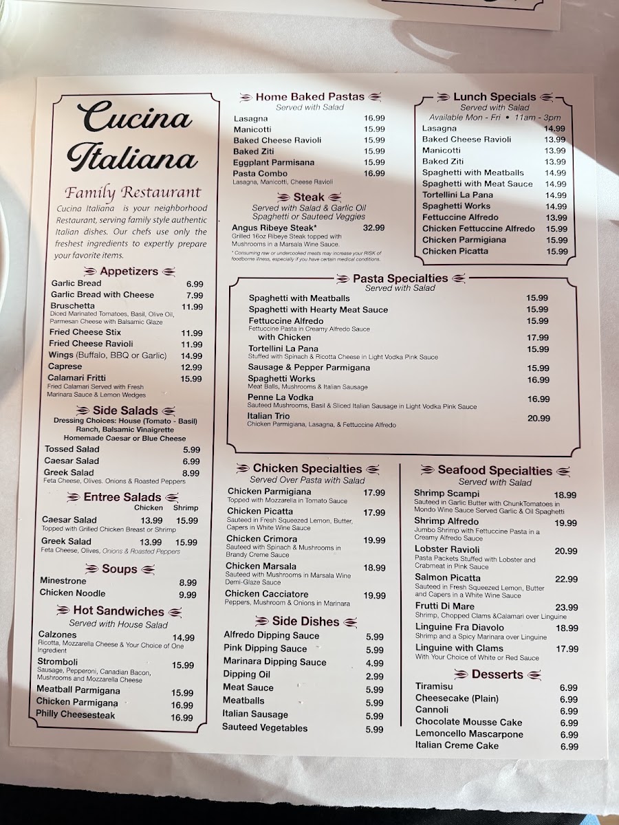 Cucina Italiana Al Lago menu board