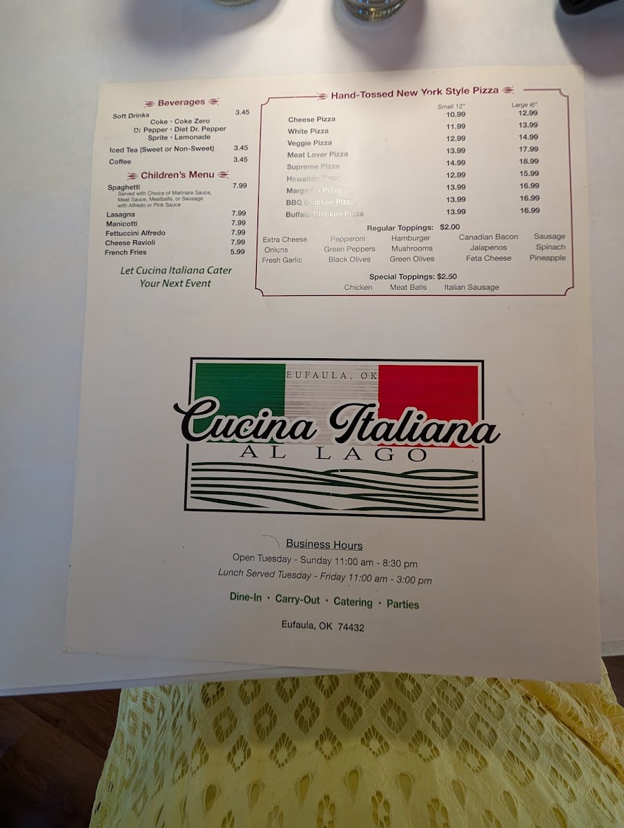Cucina Italiana Al Lago menu board