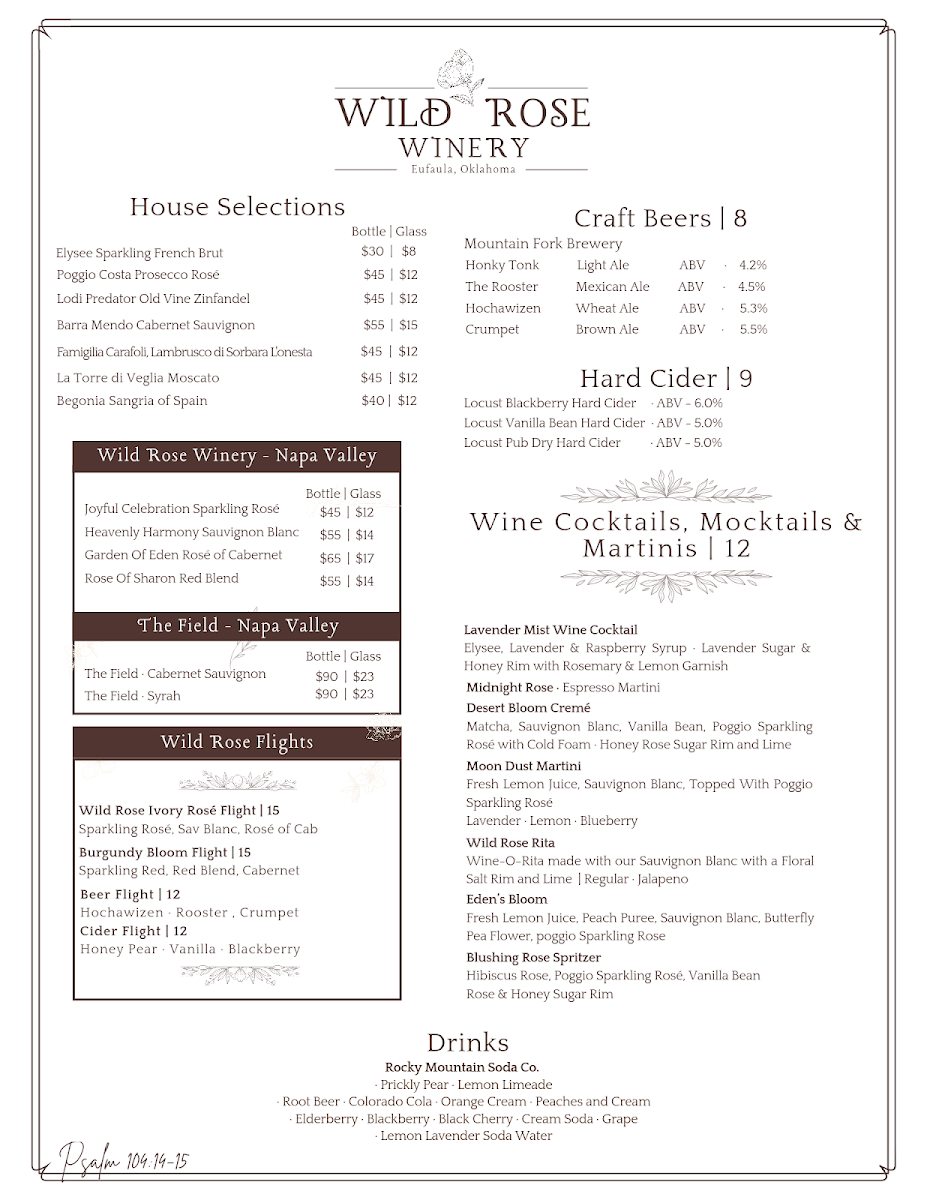 Wild Rose Winery & Bistro menu board