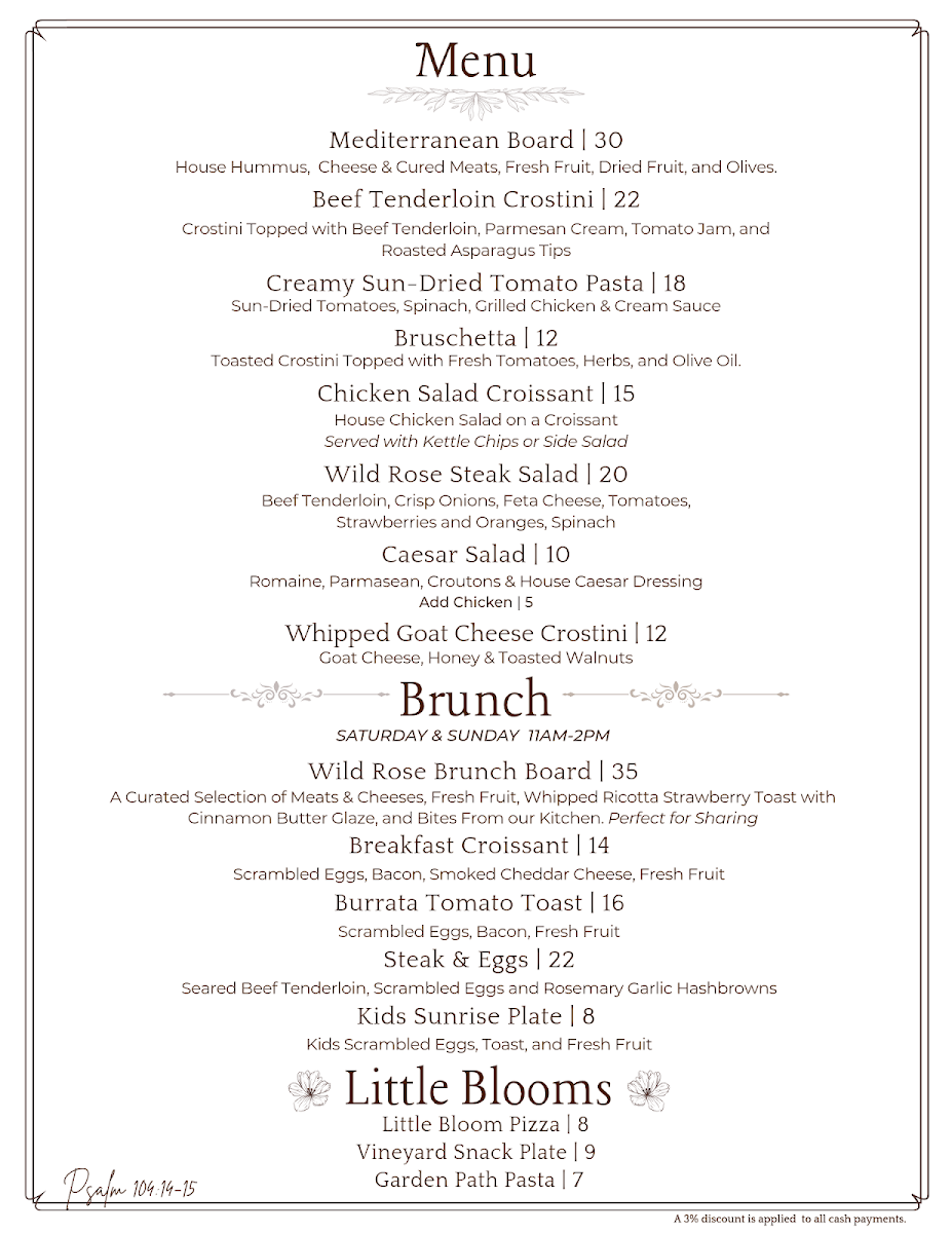 Wild Rose Winery & Bistro menu board
