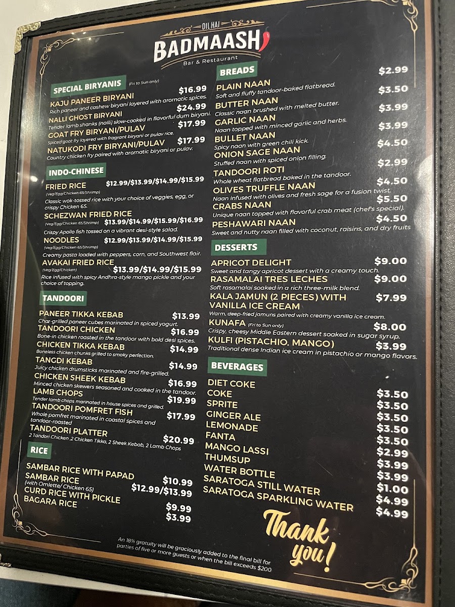Bindaas Bar & Grill menu board
