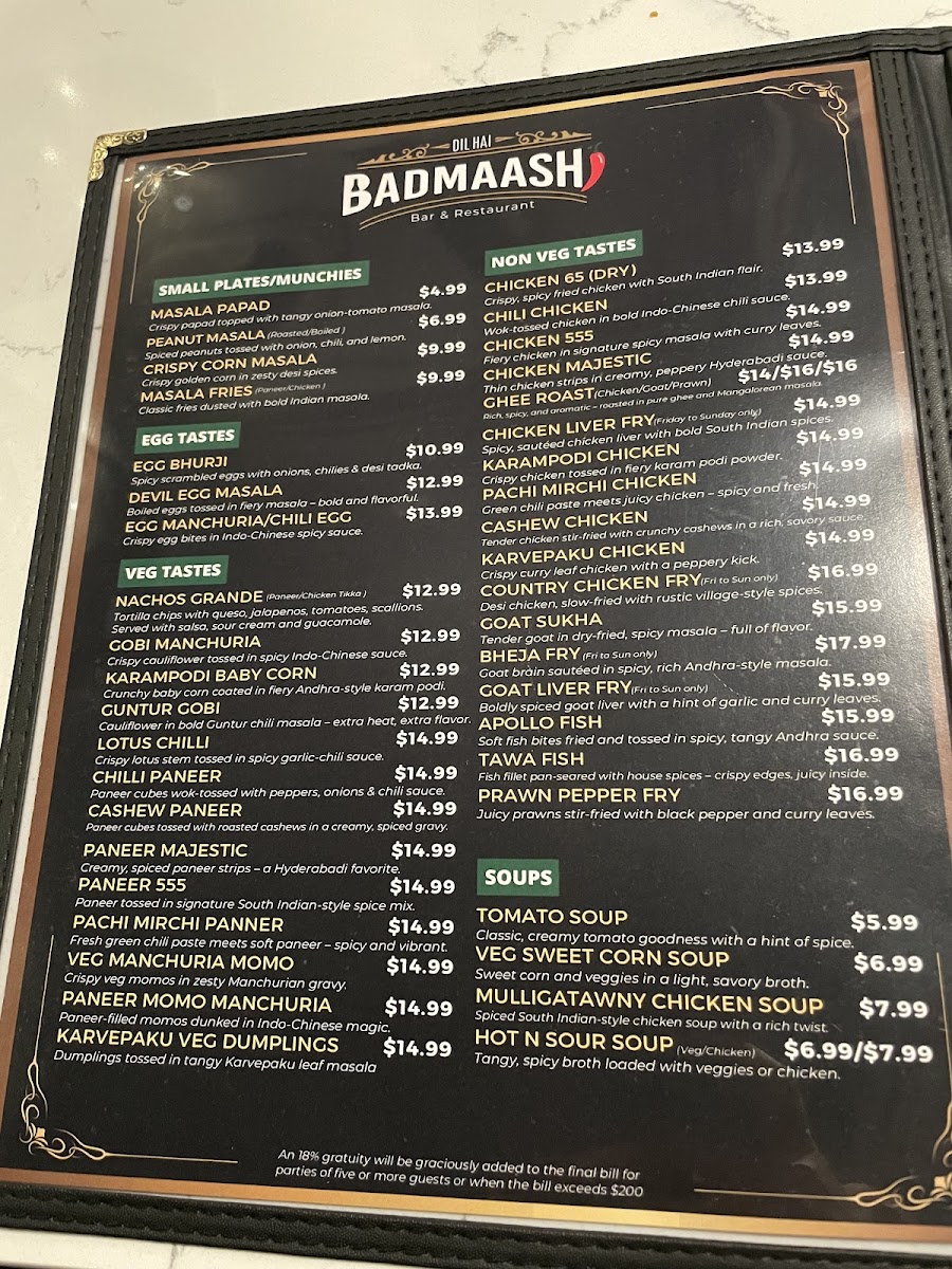 Bindaas Bar & Grill menu board