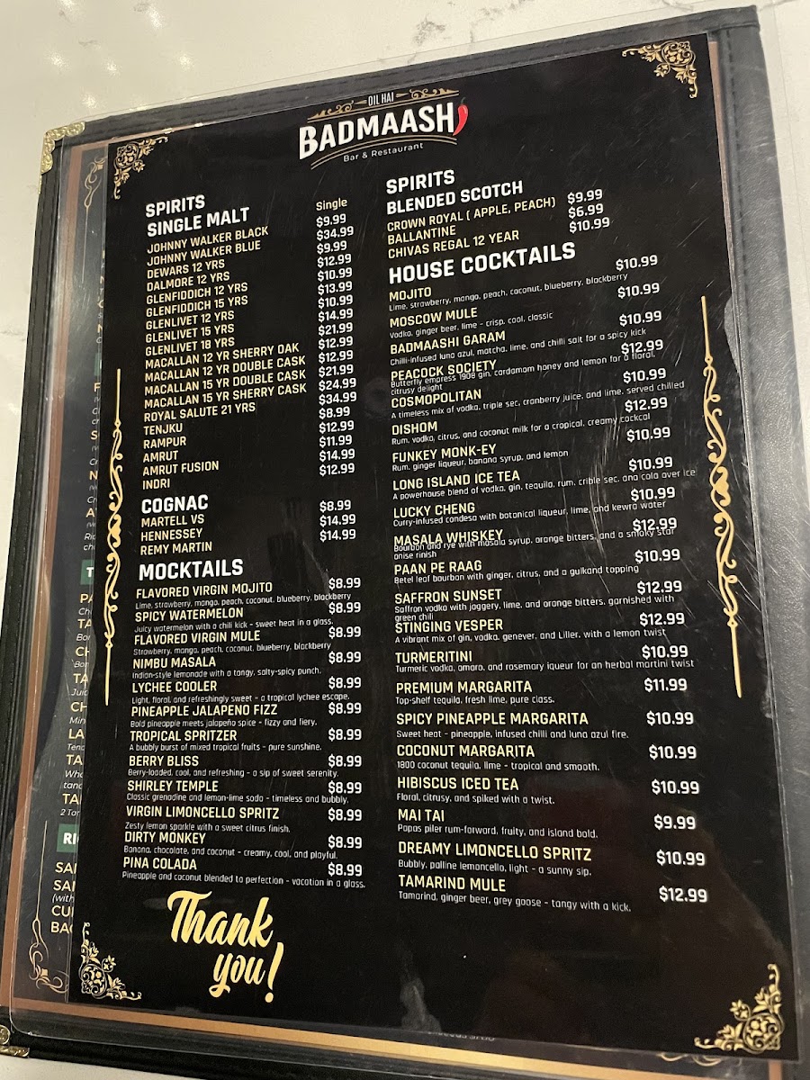 Bindaas Bar & Grill menu board