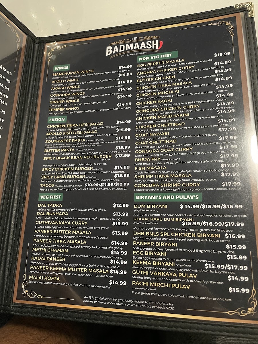 Bindaas Bar & Grill menu board