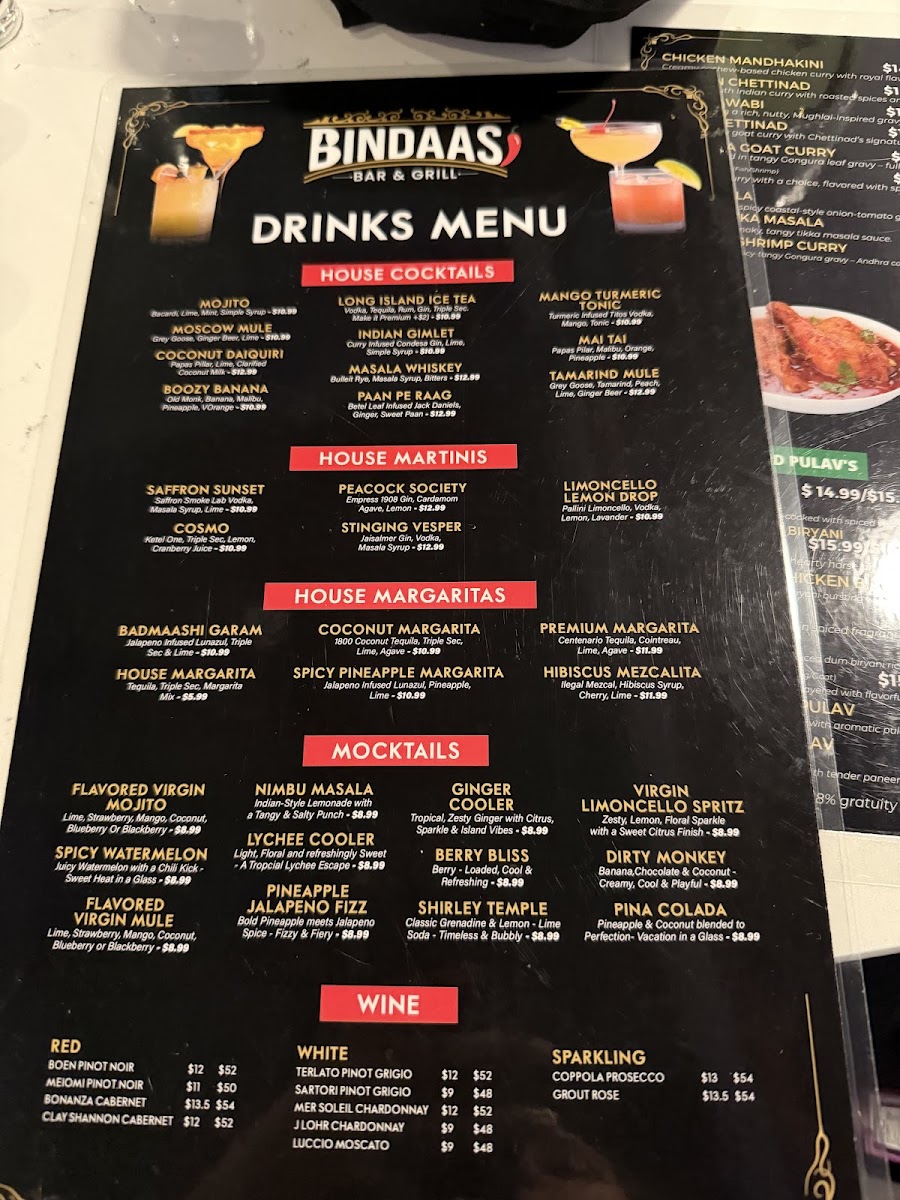 Bindaas Bar & Grill menu board