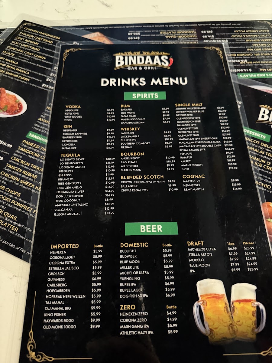Bindaas Bar & Grill menu board