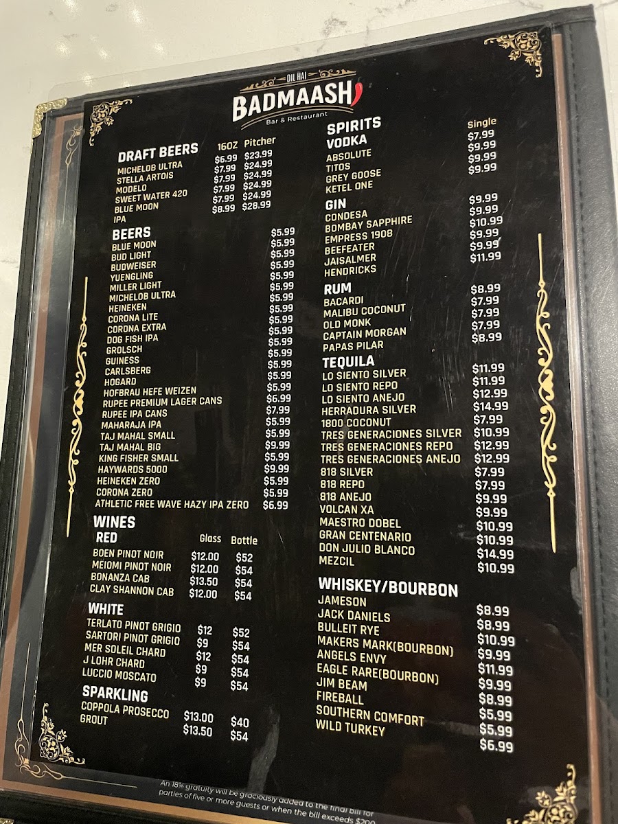 Bindaas Bar & Grill menu board