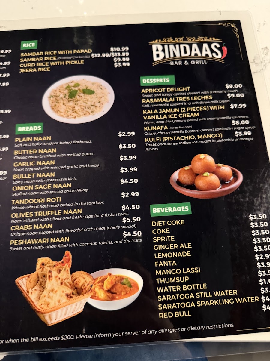 Bindaas Bar & Grill menu board