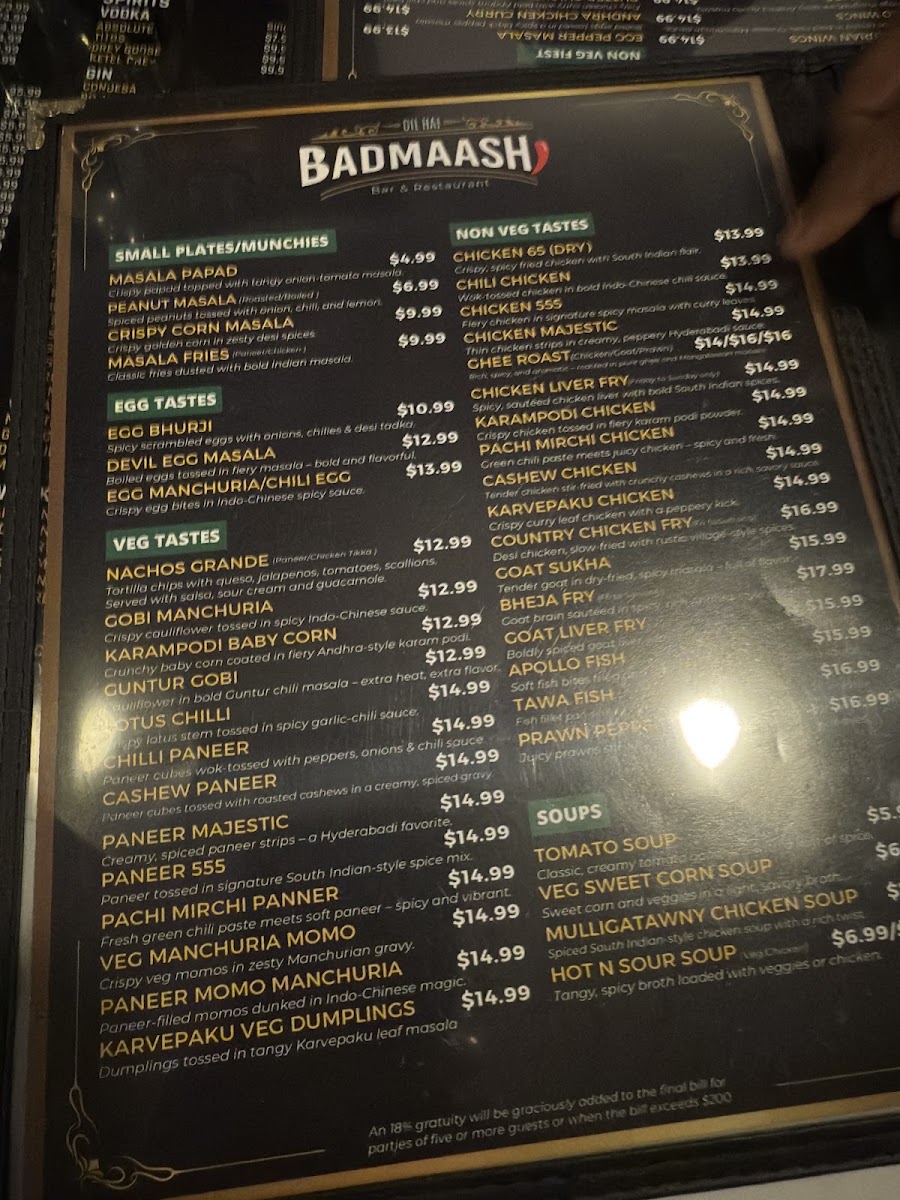 Bindaas Bar & Grill menu board
