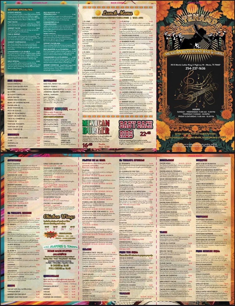 El Tenampa Mexican Grill y Bar menu board