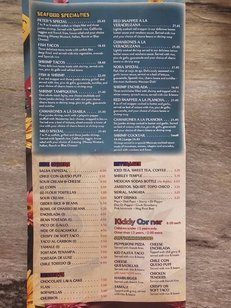 El Tenampa Mexican Grill y Bar menu board