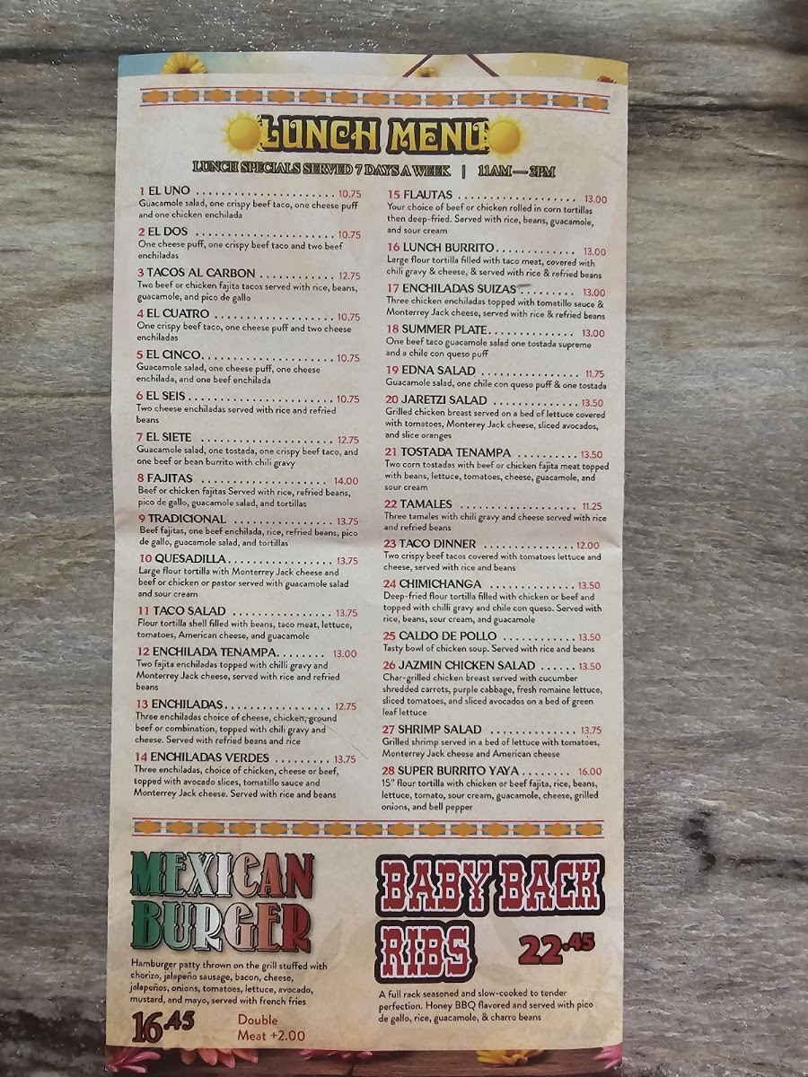 El Tenampa Mexican Grill y Bar menu board
