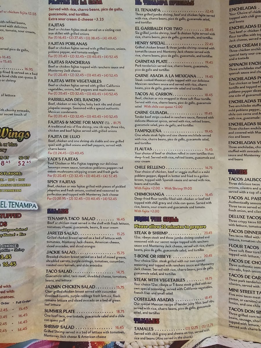 El Tenampa Mexican Grill y Bar menu board
