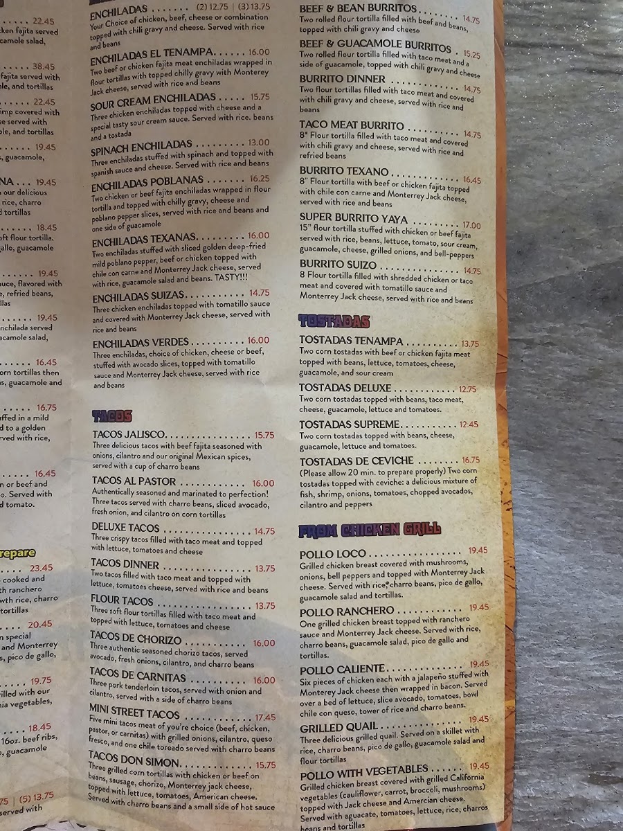 El Tenampa Mexican Grill y Bar menu board