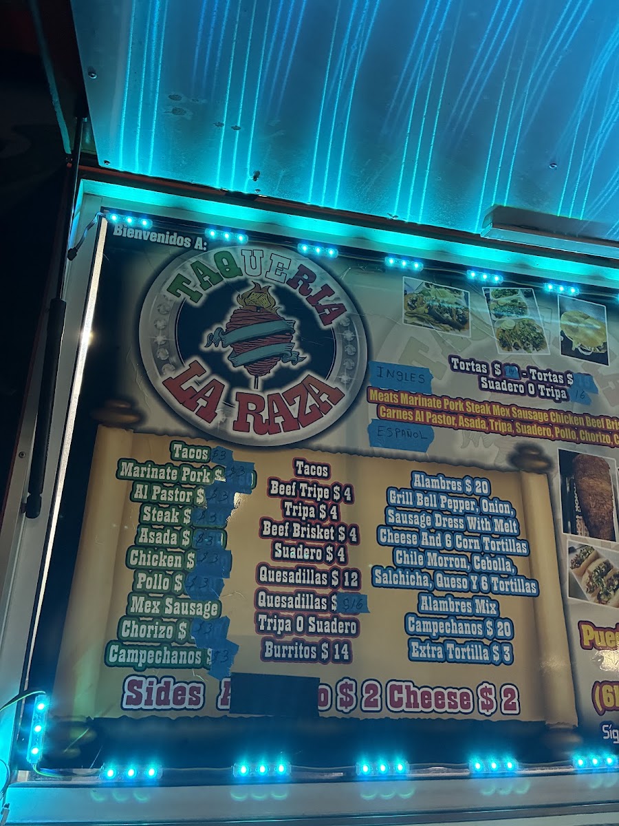 Taqueria La Raza menu board