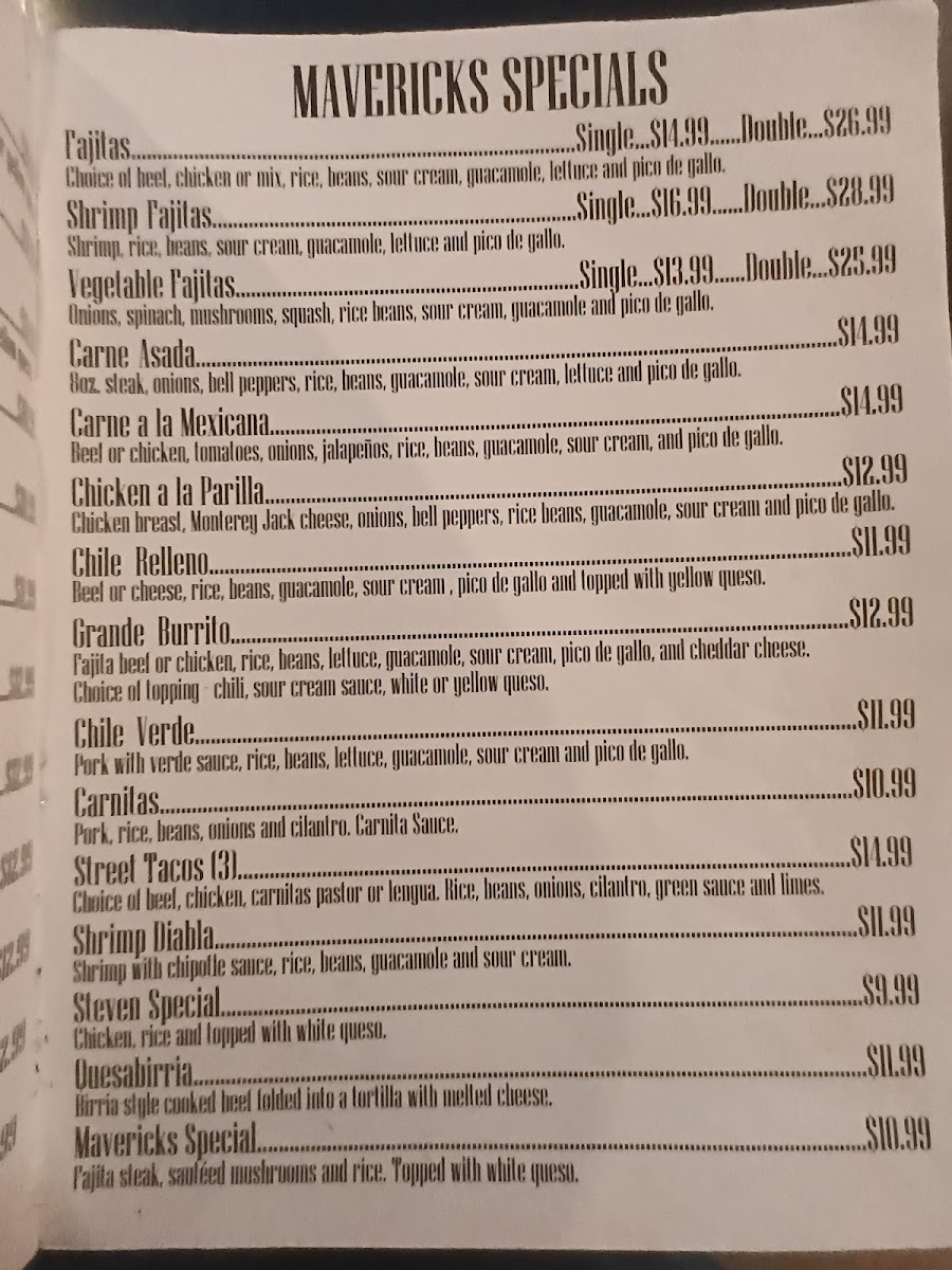 Maverick's Cafe menu board