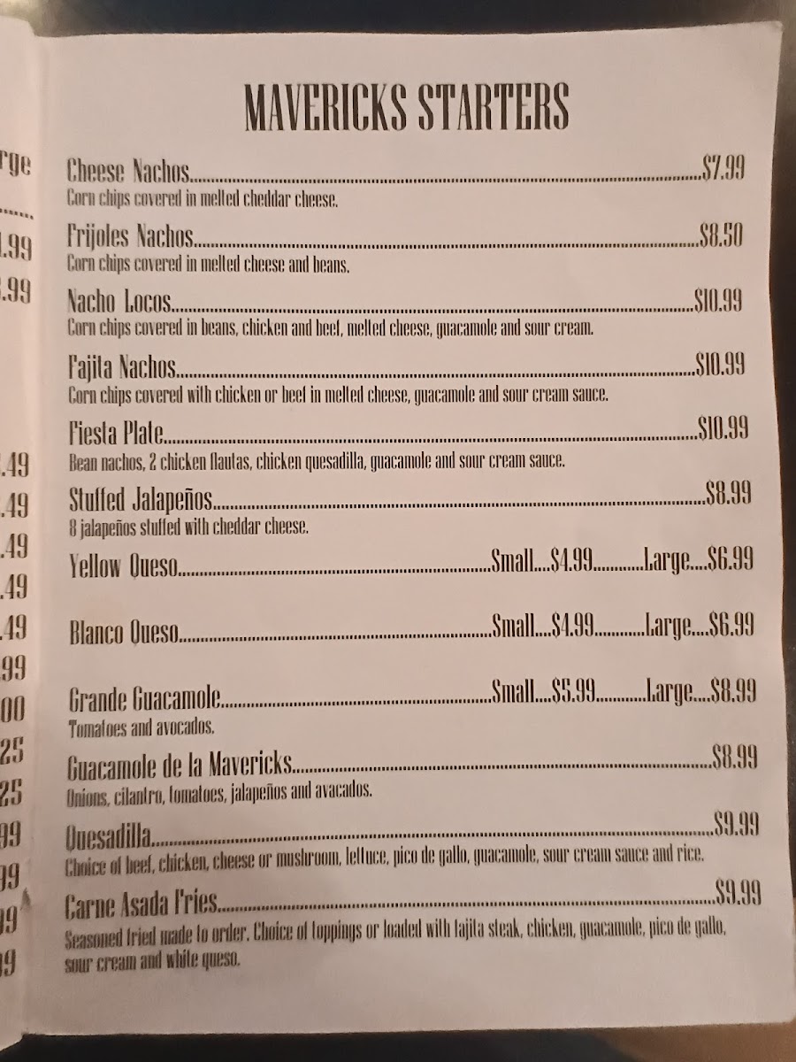 Maverick's Cafe menu board