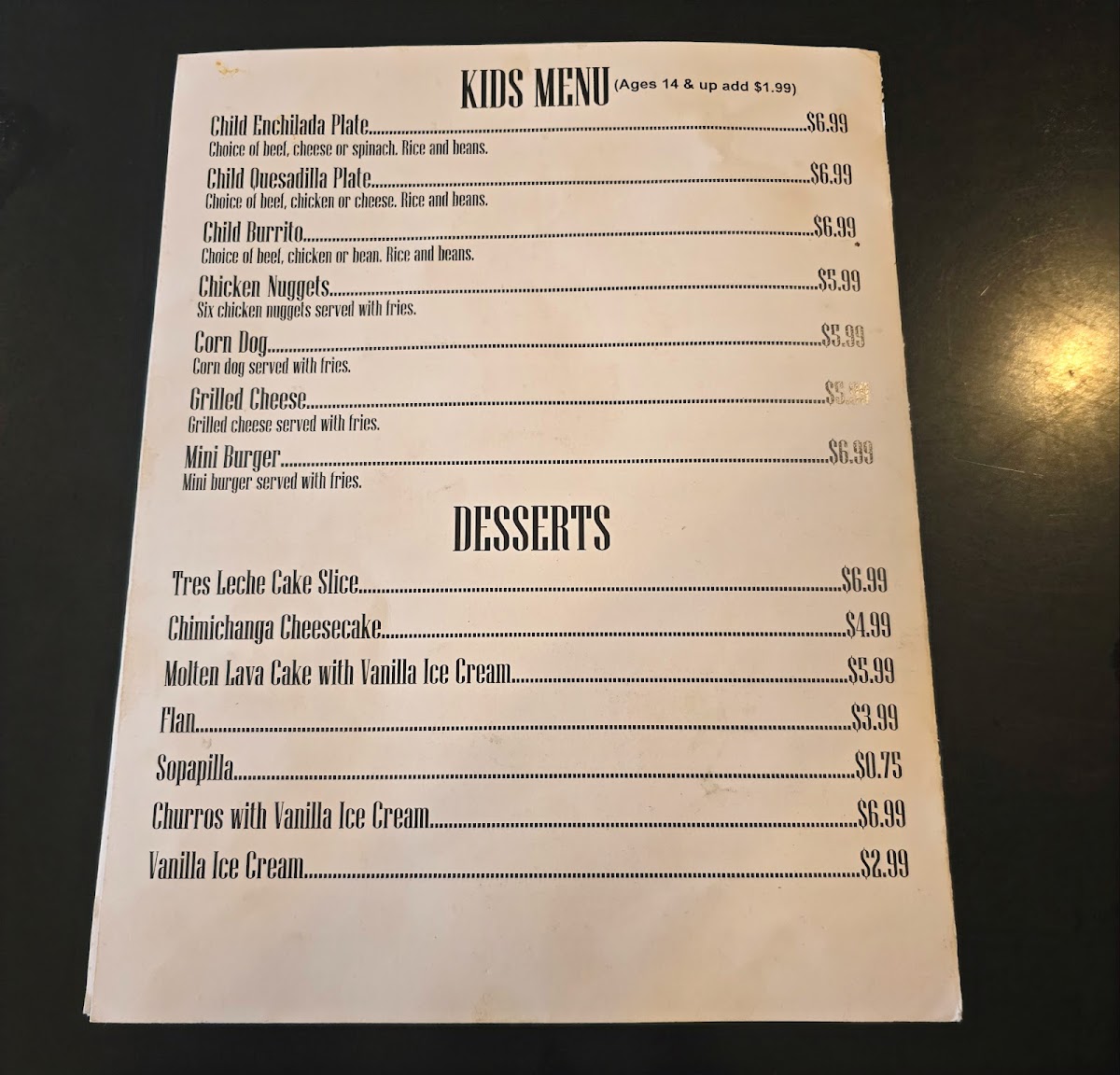 Maverick's Cafe menu board