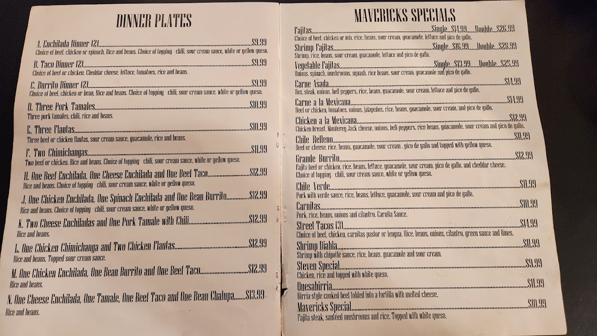 Maverick's Cafe menu board