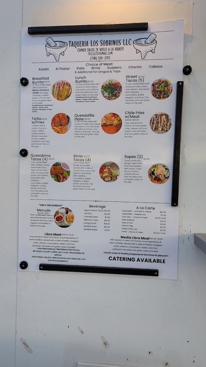 Taqueria Los Sobrinos LLC menu board