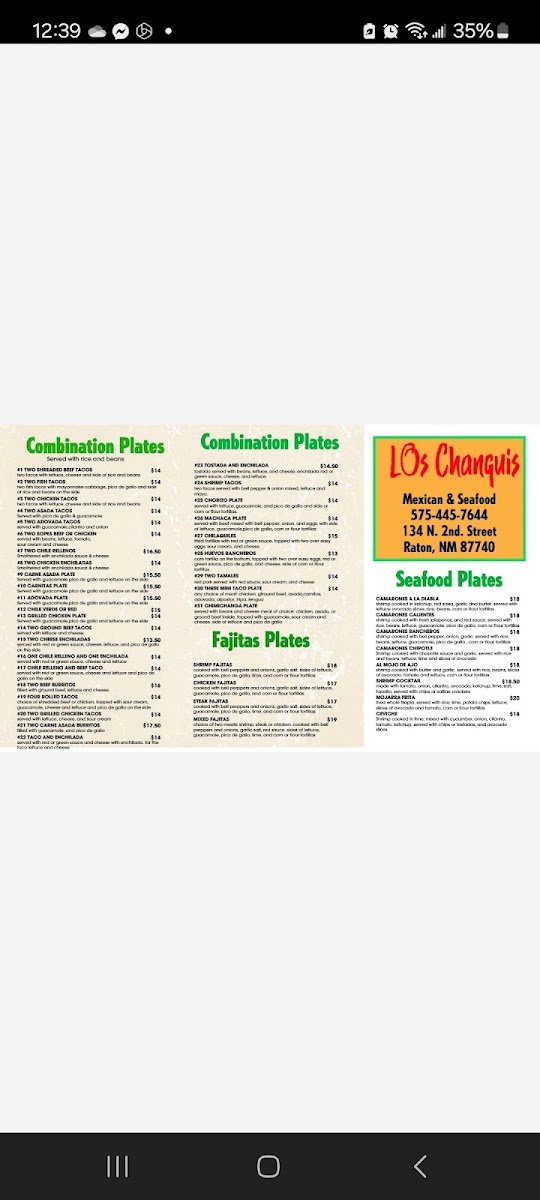 Los Chanquis Mexican & Seafood menu board