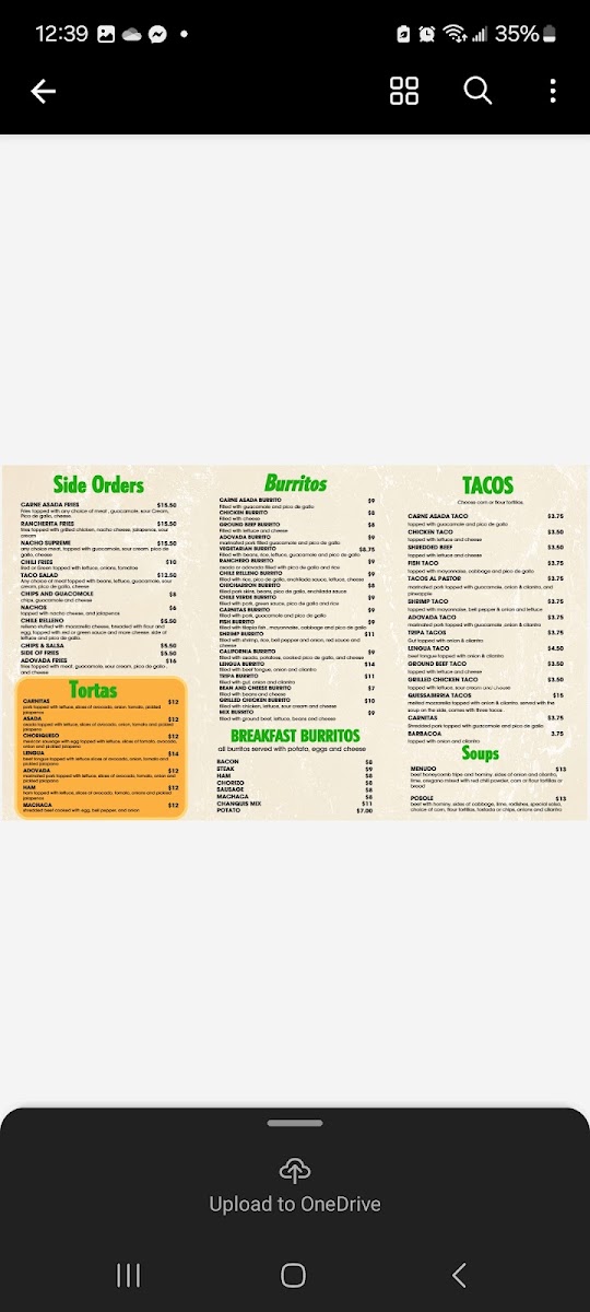 Los Chanquis Mexican & Seafood menu board