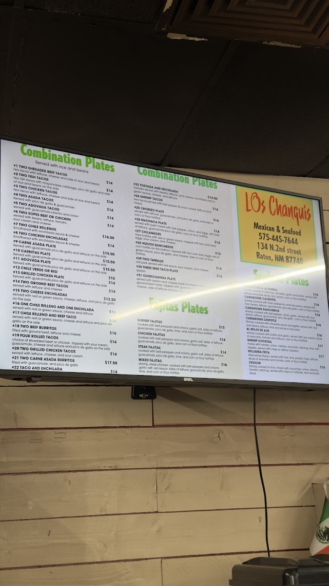 Los Chanquis Mexican & Seafood menu board