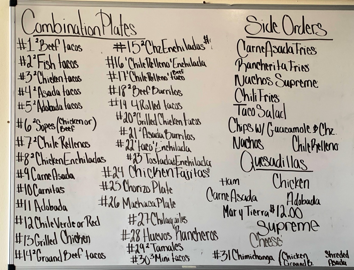 Los Chanquis Mexican & Seafood menu board
