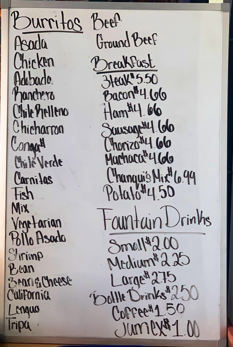 Los Chanquis Mexican & Seafood menu board