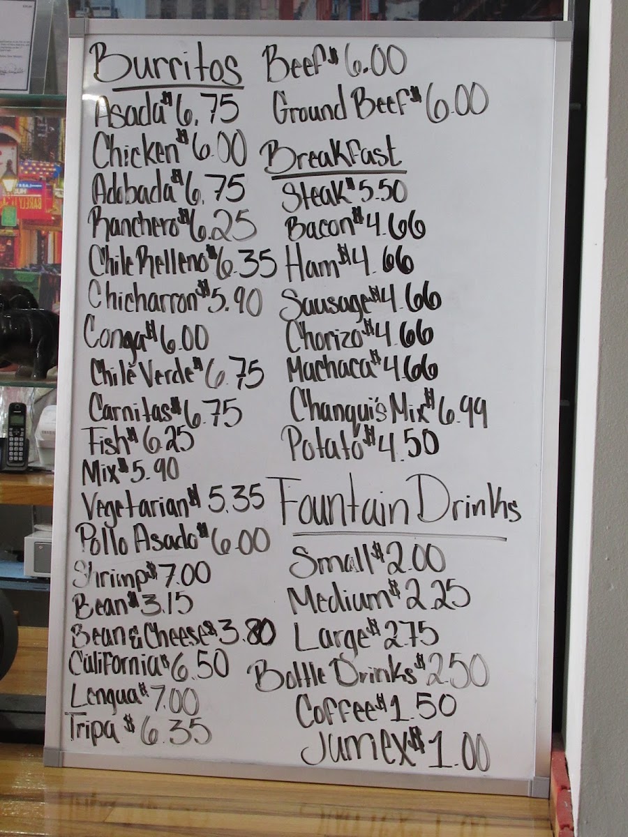 Los Chanquis Mexican & Seafood menu board