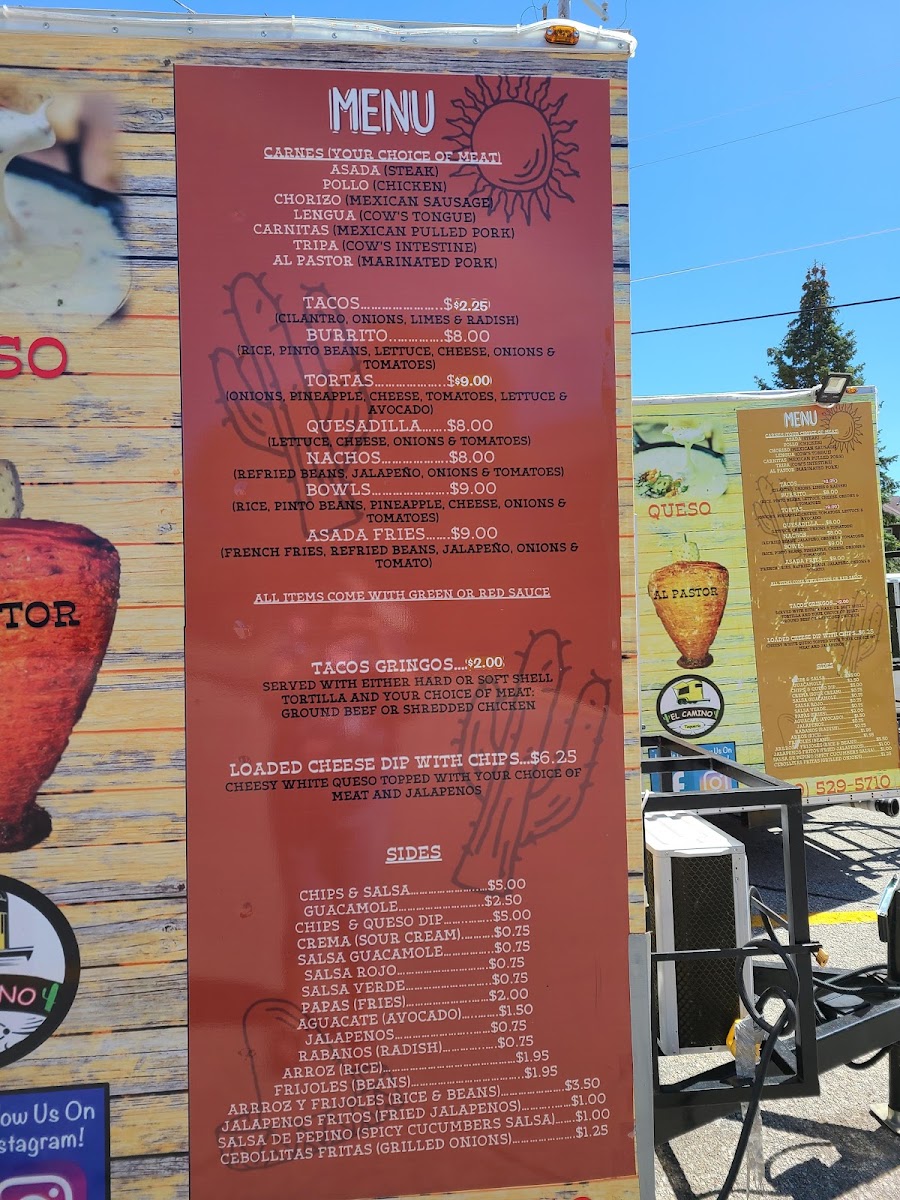 El Camino Restaurant menu board