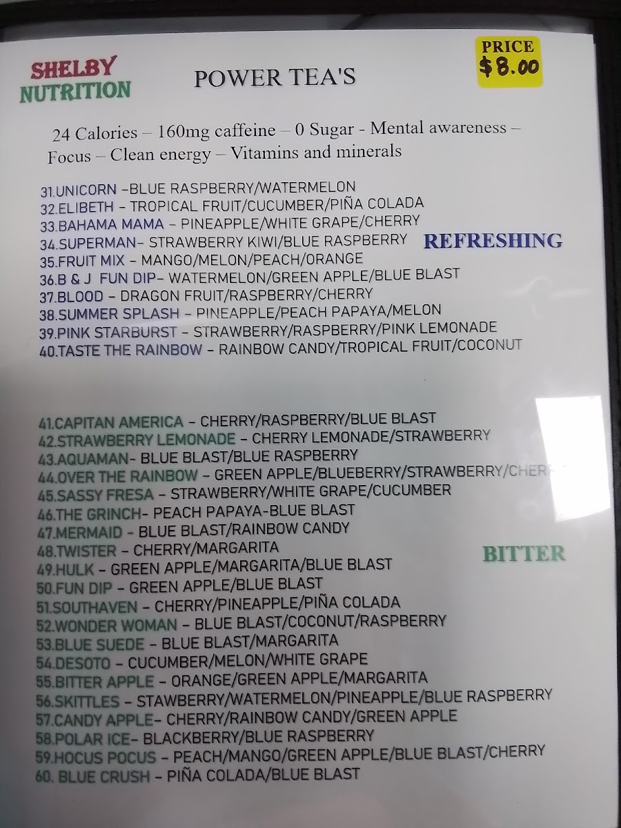 SHELBY NUTRITION menu board