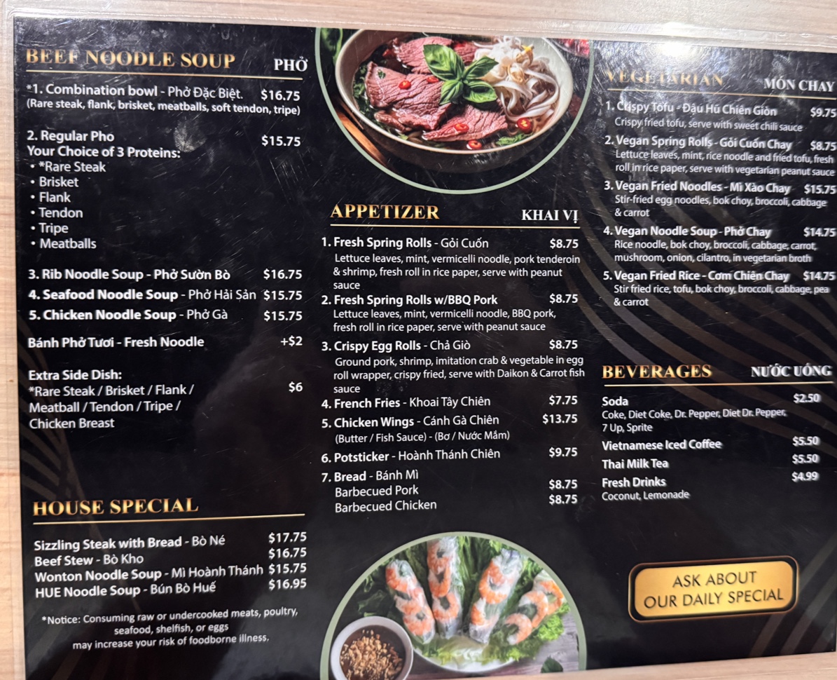 The Pho Spot menu board