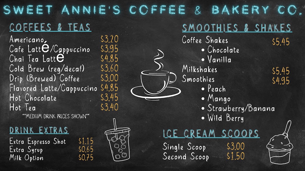 Sweet Annie's Coffee and Bakery Co. menu board
