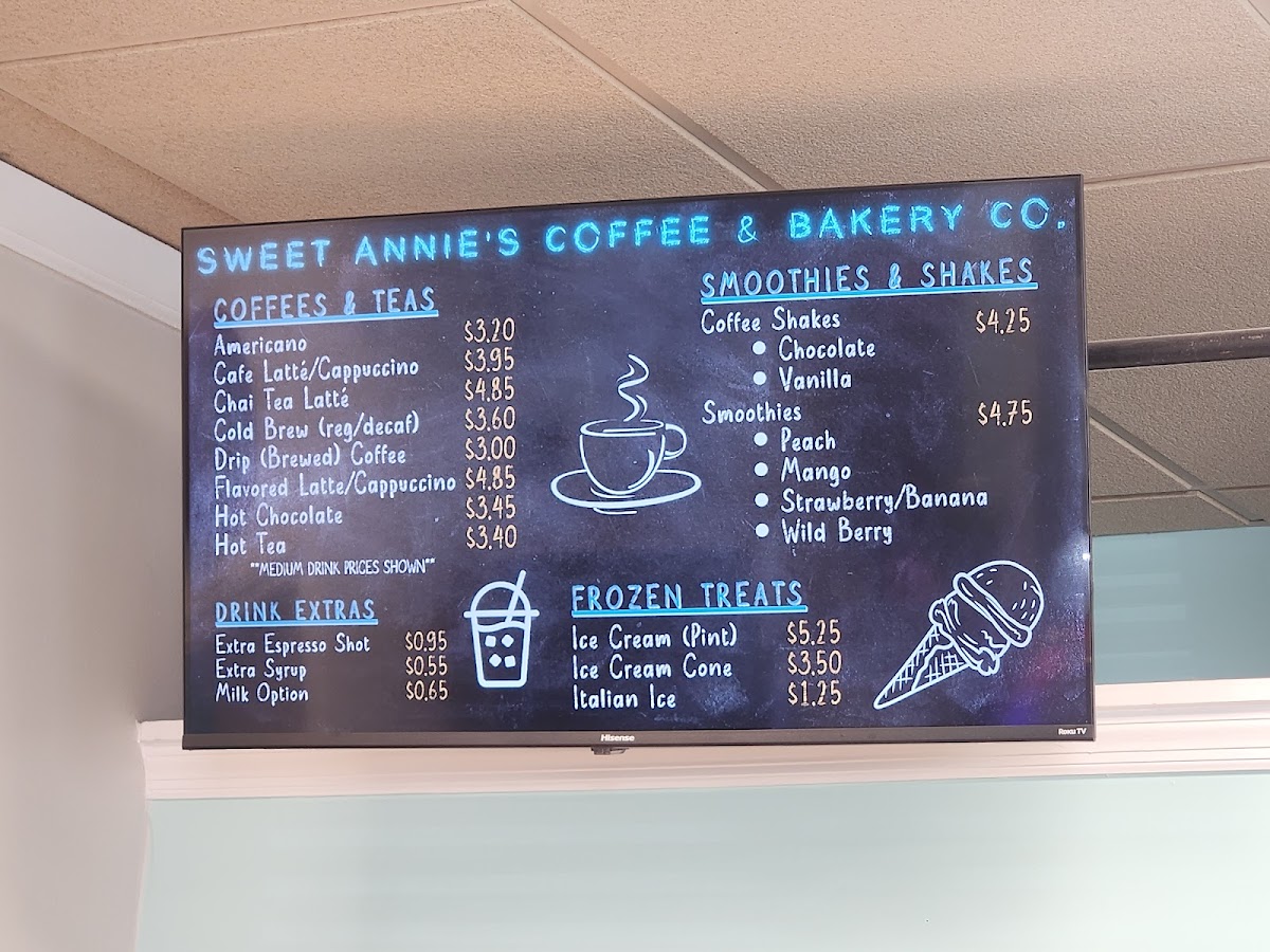 Sweet Annie's Coffee and Bakery Co. menu board