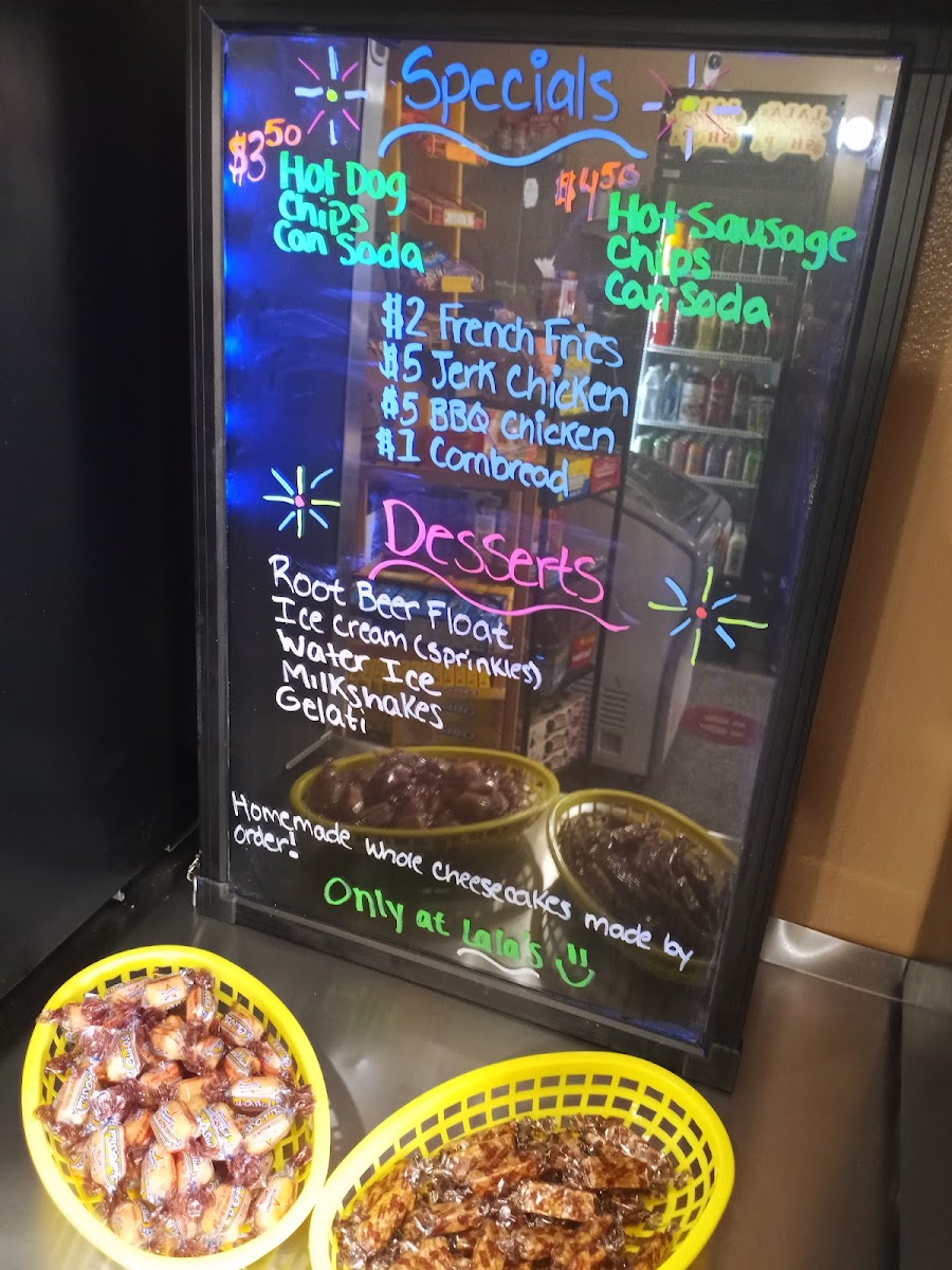 Lala's Snacks To Go Shop menu board