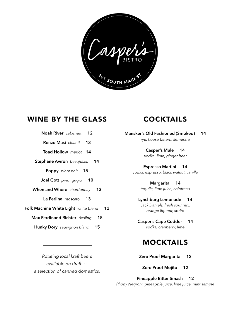 Casper's Bistro menu board