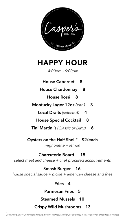 Casper's Bistro menu board