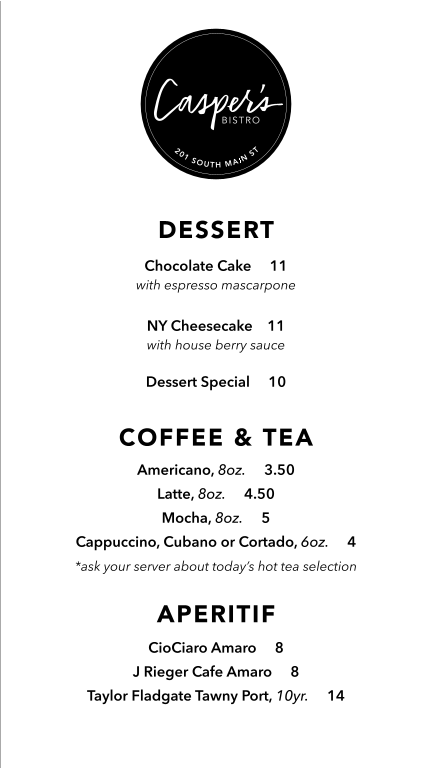 Casper's Bistro menu board