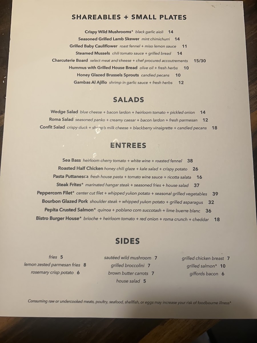 Casper's Bistro menu board
