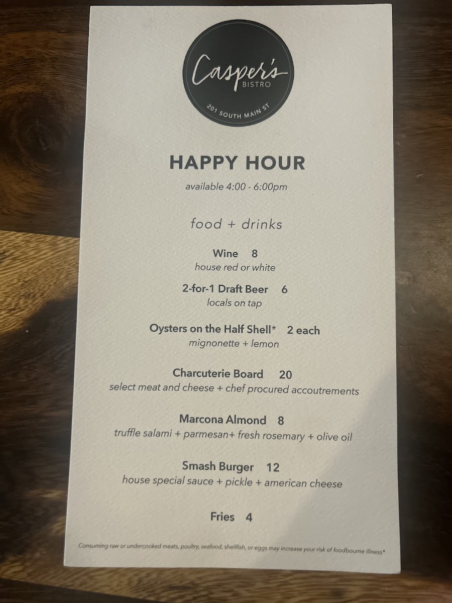 Casper's Bistro menu board