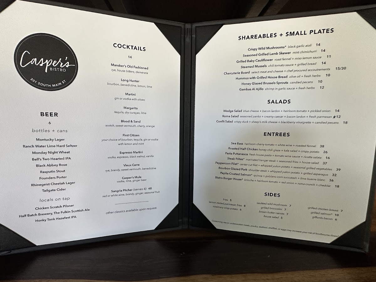 Casper's Bistro menu board