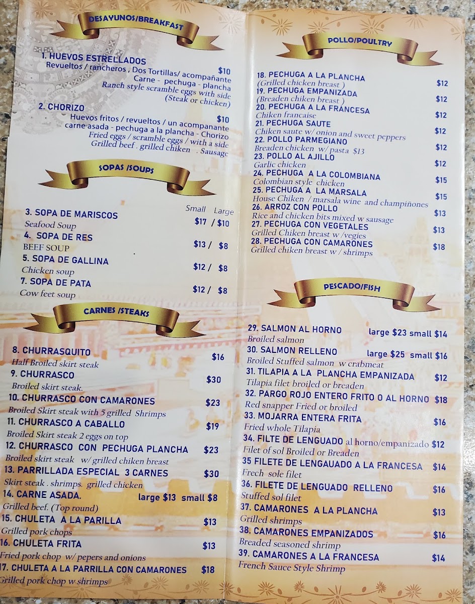 Mundo Latino Restaurant & Bakery menu board