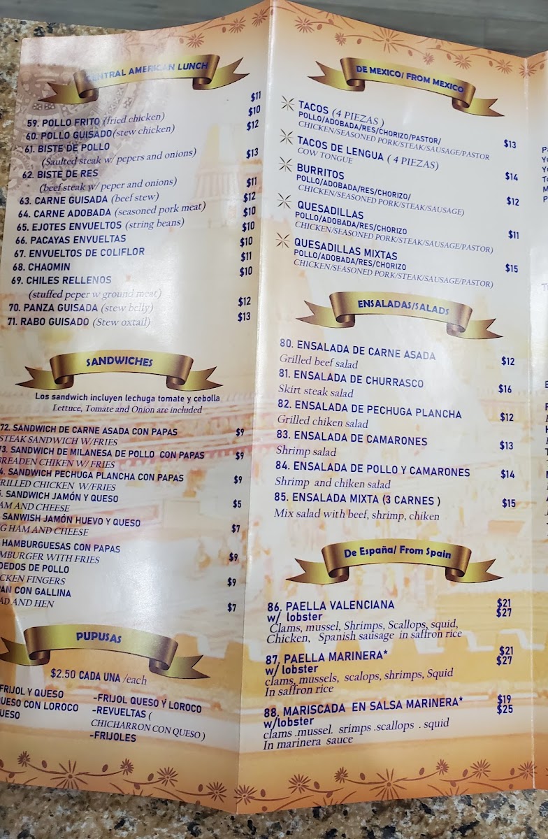 Mundo Latino Restaurant & Bakery menu board