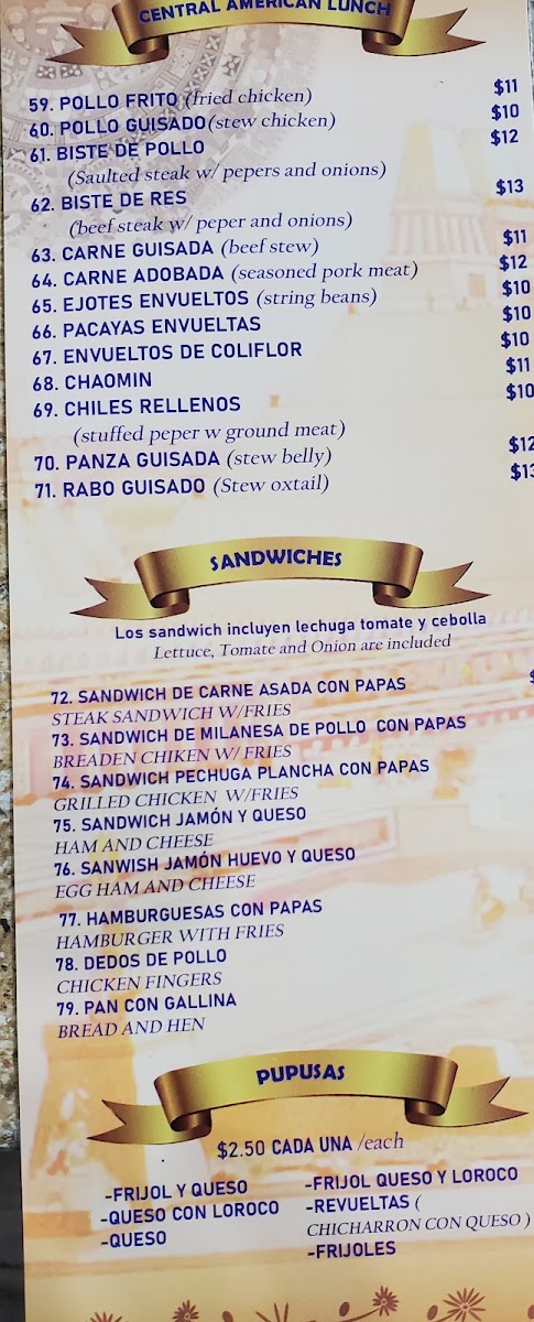 Mundo Latino Restaurant & Bakery menu board