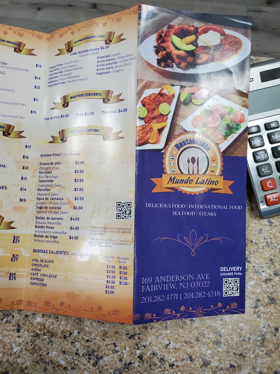 Mundo Latino Restaurant & Bakery menu board