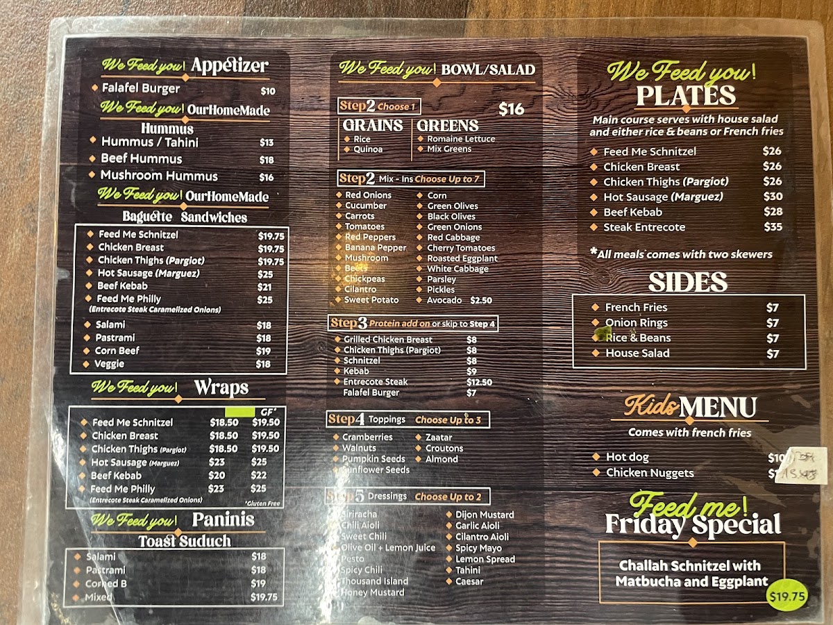 Feed Me Kosher Bistro menu board
