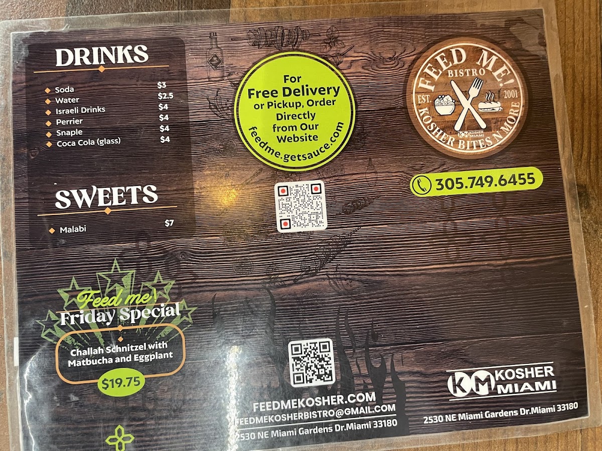 Feed Me Kosher Bistro menu board